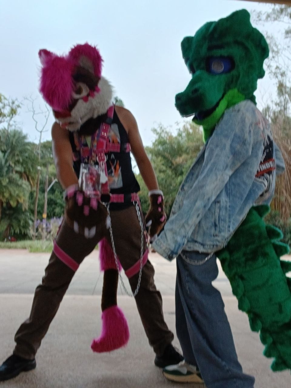 Dupla de fursuits rosa e verde no Parque Ibirapuera
