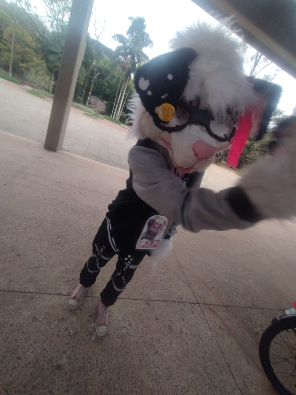 Fursuit preto e branco fazendo pose